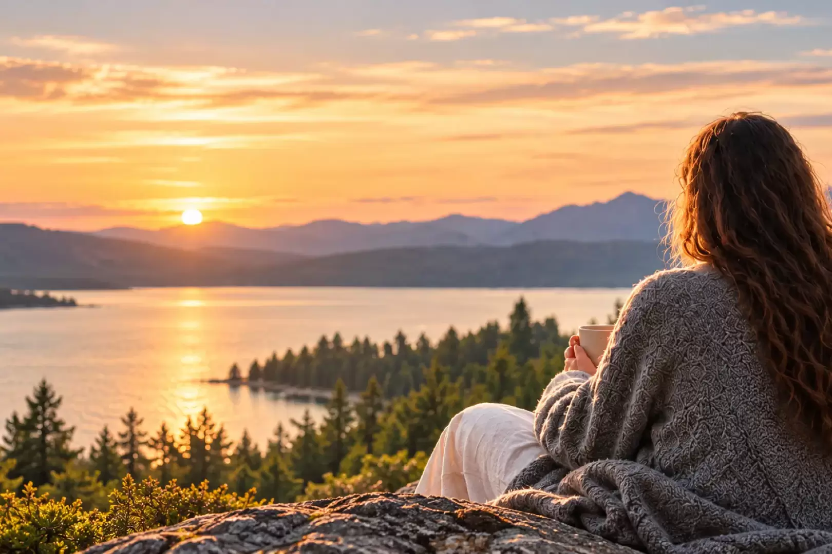 A Woman Sipping a Hot Drink overlooking a sunrise coming over the mountains and shining across a lake.